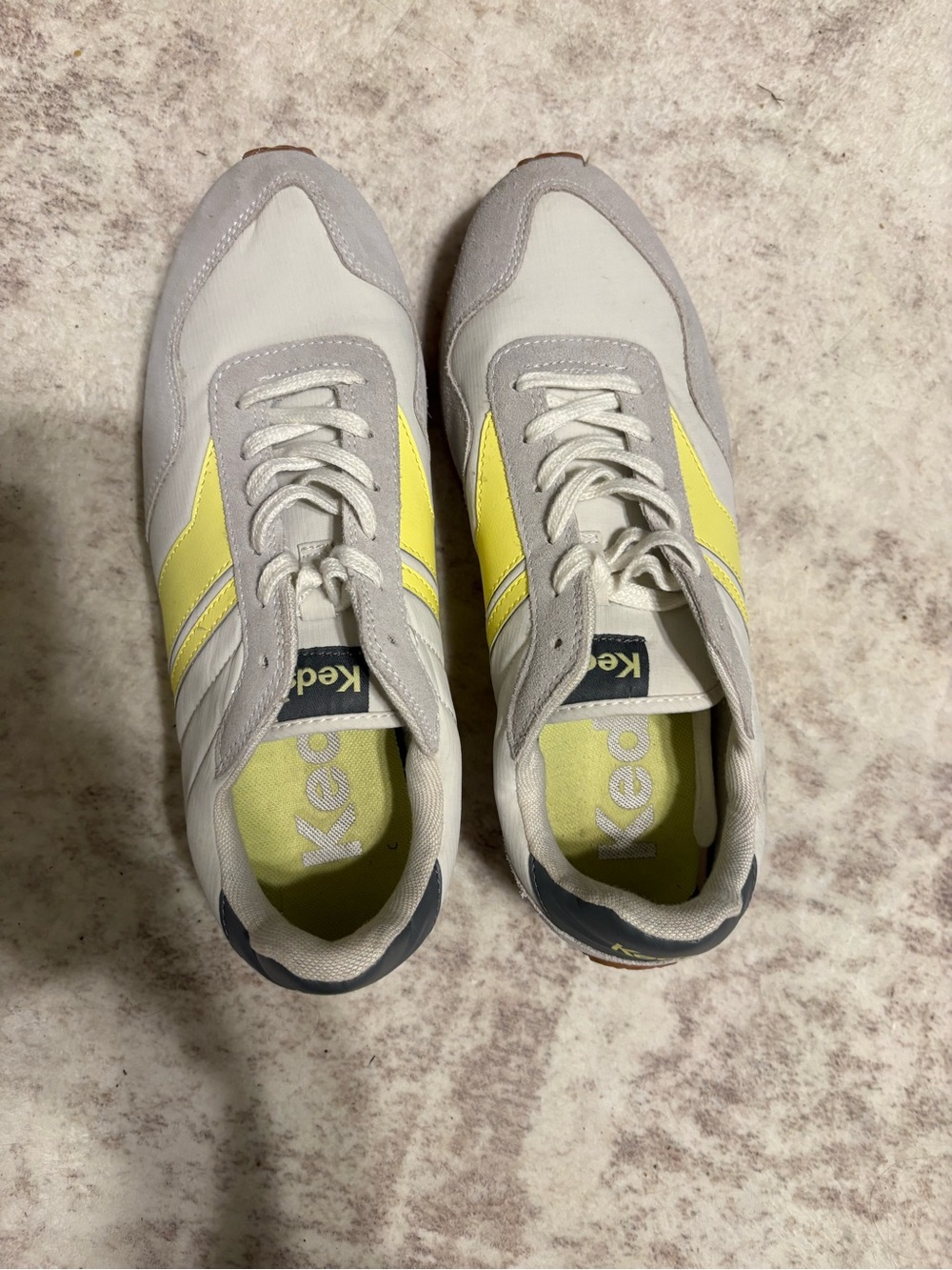 Keds White Sneakers with Yellow Stripes and Gray Trim